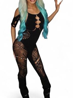 Black Lace Poster Girl Cutout Mesh Jumpsuit